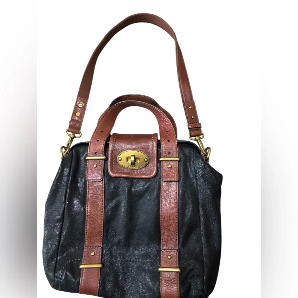 Fossil Black and Tan Leather Satchel vintage